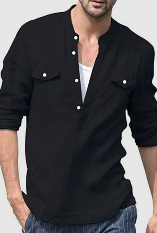 Black Half Button Long Sleeve Men's Shirt with Pocket