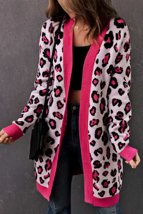Rose Leopard Ribbed Trim Knitted Open Front Cardigan