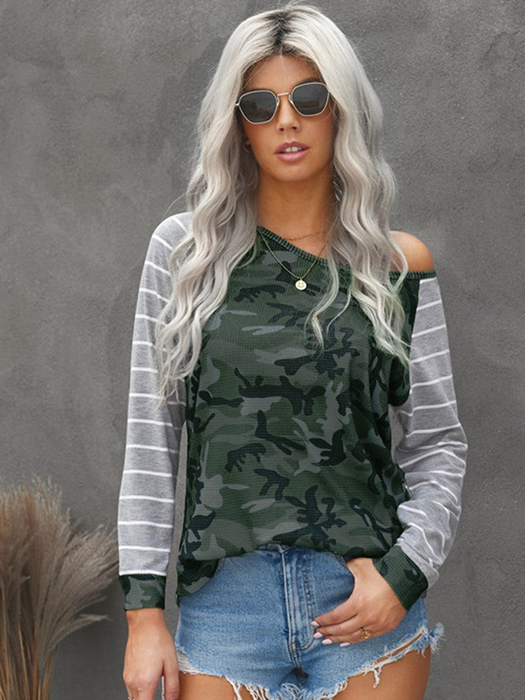 Camo Striped Splicing Long Sleeve Top
