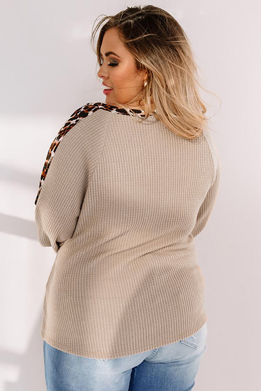 Plus Size Leopard Splicing Waffle Knit Top