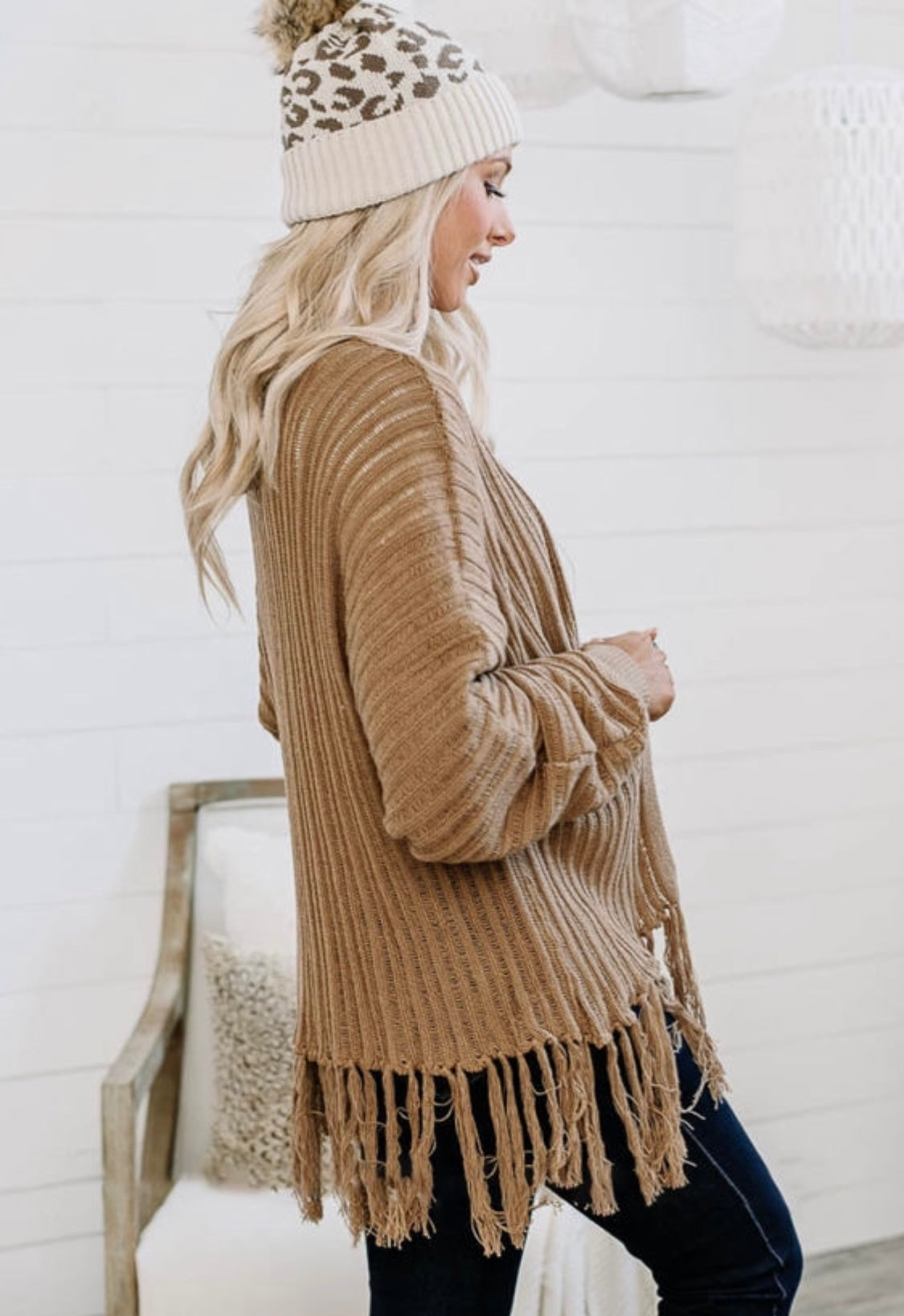 Khaki Open Front Fringed Cardigan