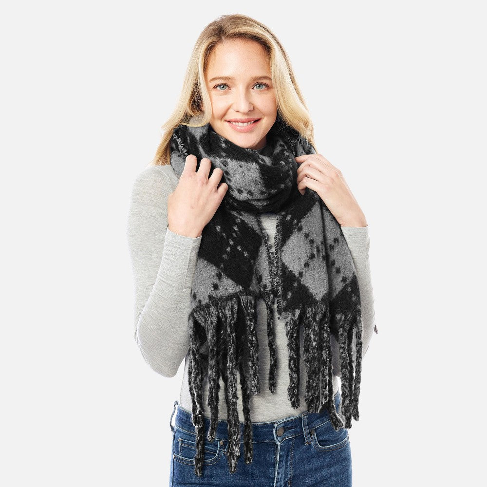 Fuzzy Argyle Scarf with Tassels