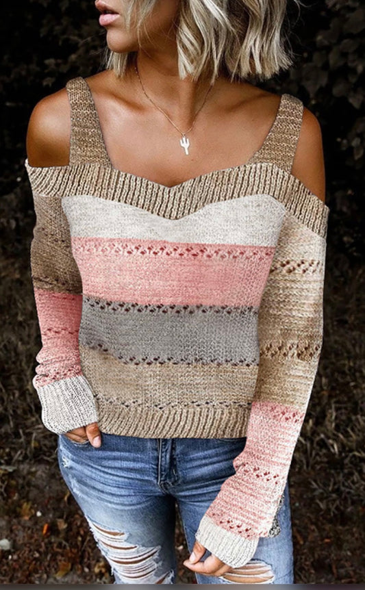 Multicolor Trim Colorblock Stripes Cold Shoulder Hollow-out Sweater