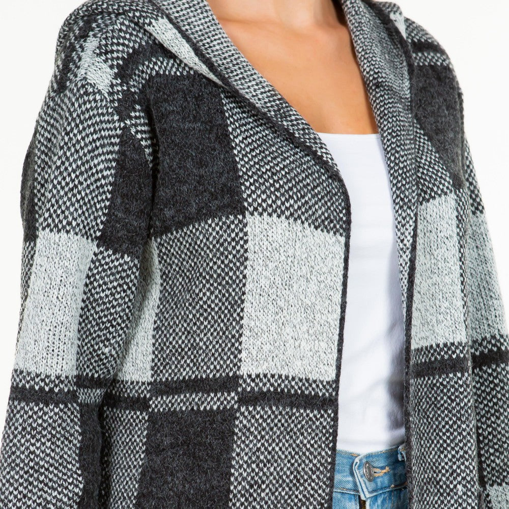 Knit Plaid Long Open Cardigan with Hood and Pockets