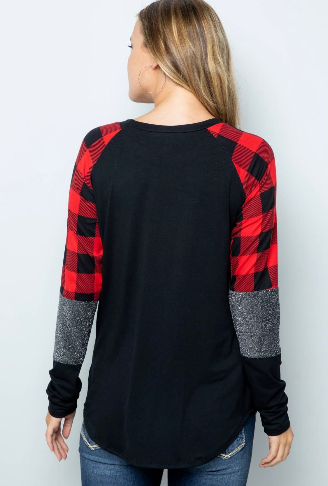 Acting Pro Red Plaid + Shimmer Contrast Long Sleeve Top