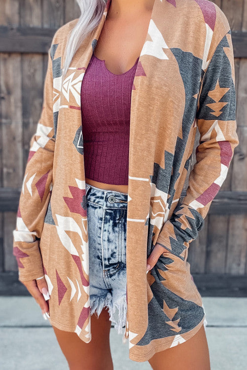 Western Aztec Print Open Front Cardigan