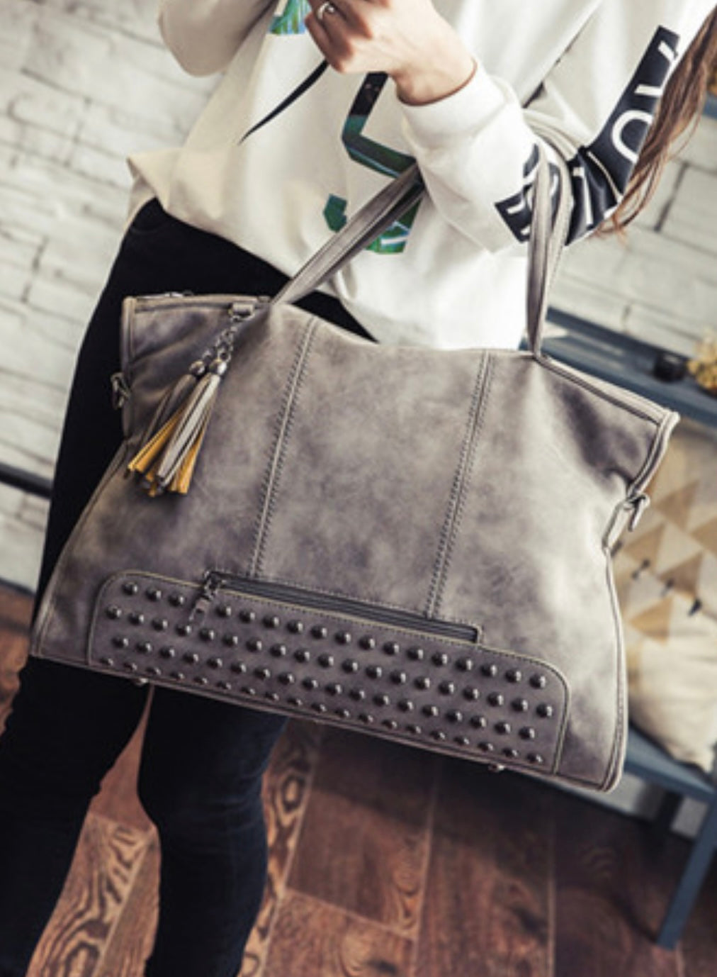 Vintage Studded Hand Bag-gray/black/or red