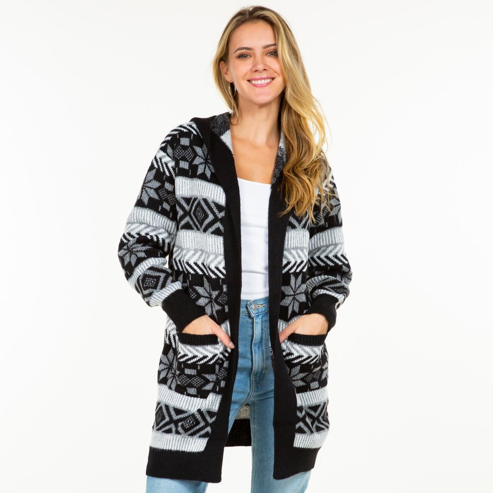 Hooded Knit Abstract and Nordic Snowflake Printed Open Hooded Cardigan