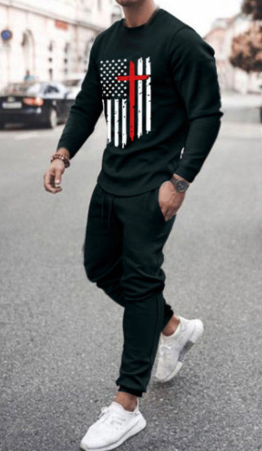 Flag Print Sweatshirt and Joggers Men's Sport Set