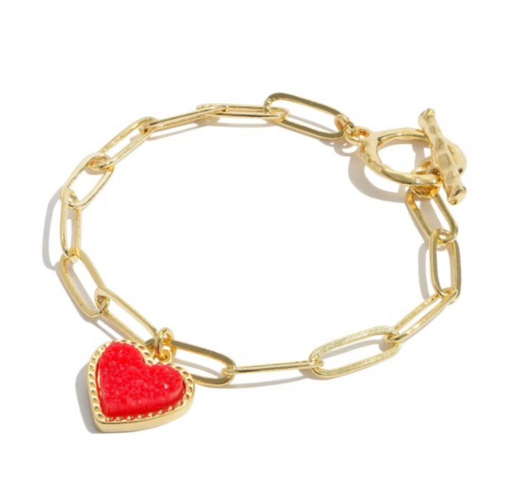 Chain Link Druzy Heart Charm Toggle Bar Bracelet-Multiple Colors Available