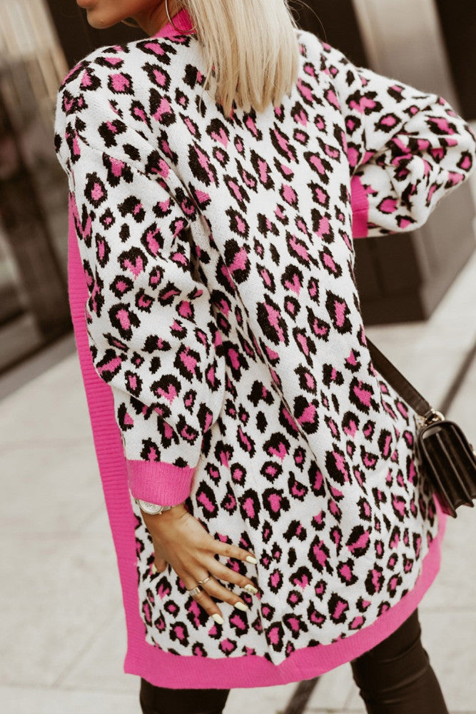 Rose Leopard Ribbed Trim Knitted Open Front Cardigan