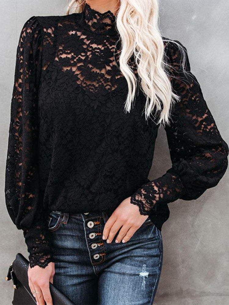 Black Lace Splicing Mock Neck Blouse