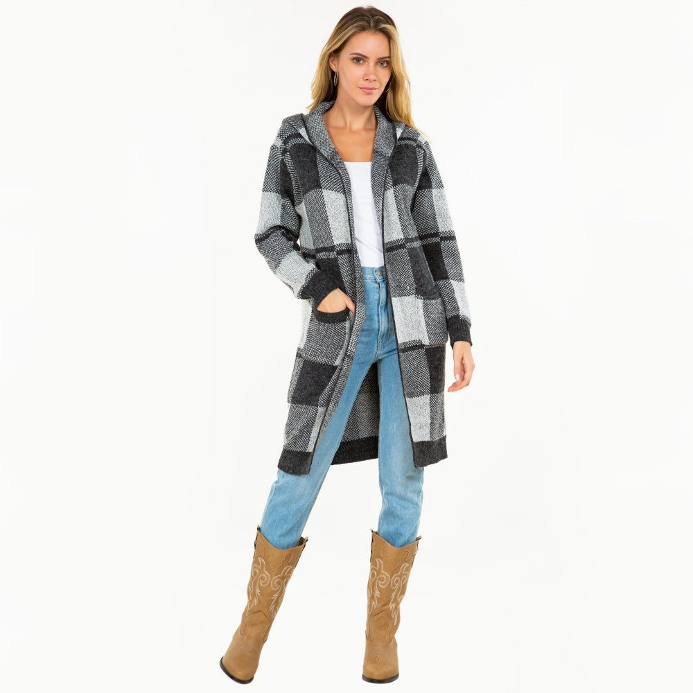 Knit Plaid Long Open Cardigan with Hood and Pockets