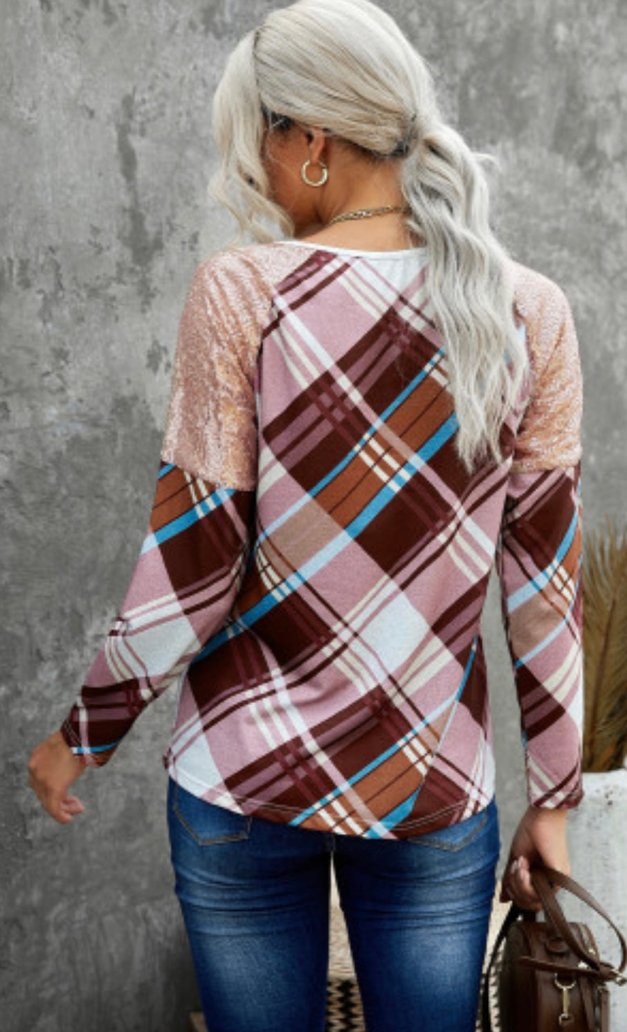 Sequin Shoulder Splicing Plaid Long Sleeve Top