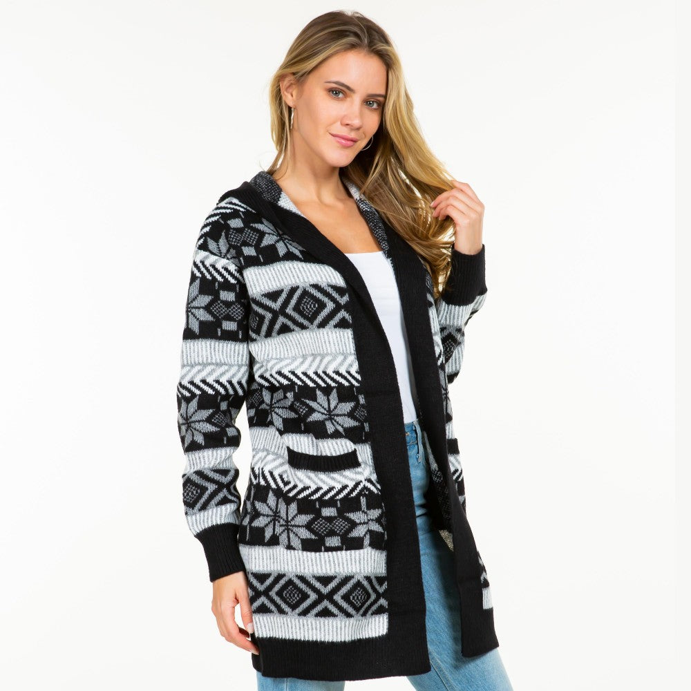 Hooded Knit Abstract and Nordic Snowflake Printed Open Hooded Cardigan