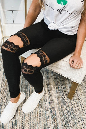 Black Hollowed Out Lace Skinny Leggings