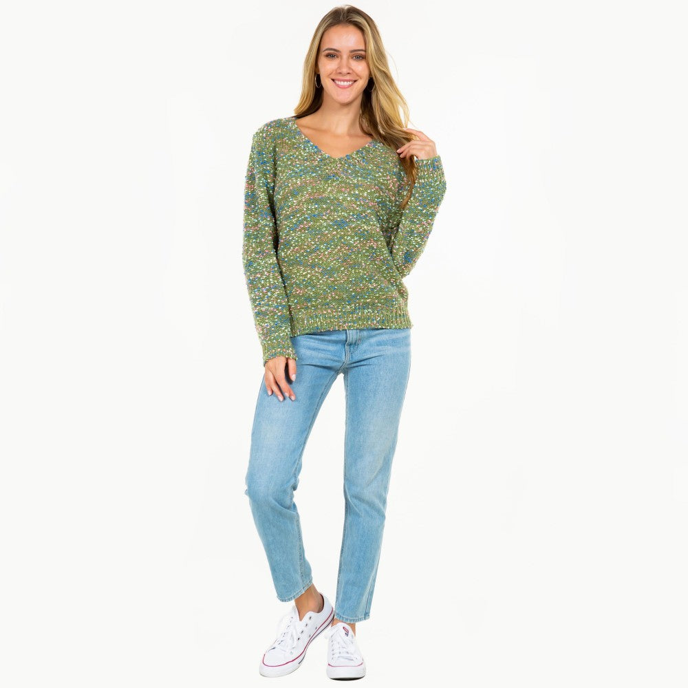 Green Knitted V-Neck Confetti Sweater