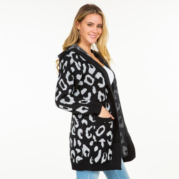 Knit Leopard Print Open Cardigan with Hood and Pockets