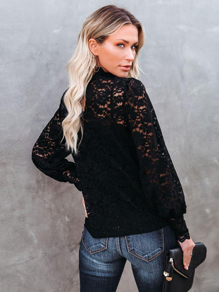 Black Lace Splicing Mock Neck Blouse