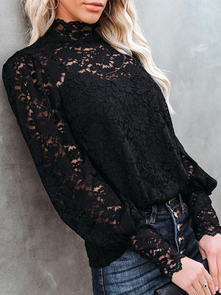 Black Lace Splicing Mock Neck Blouse