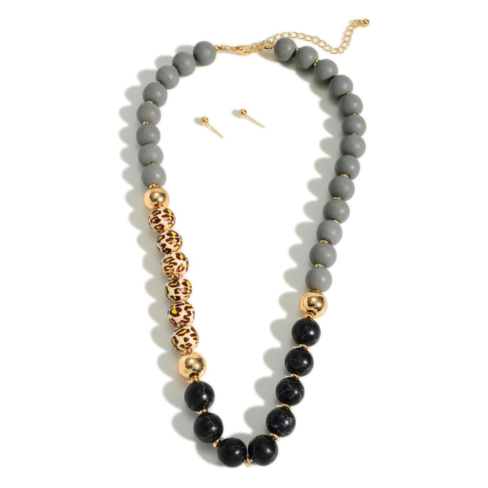 Wood and Stone Beaded Necklace + Earrings