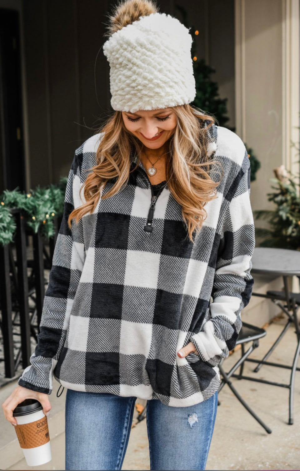 Red Plaid, B&W plaid, & Leopard Prints 1/4 Zip Turn-down Collar Sweatshirt