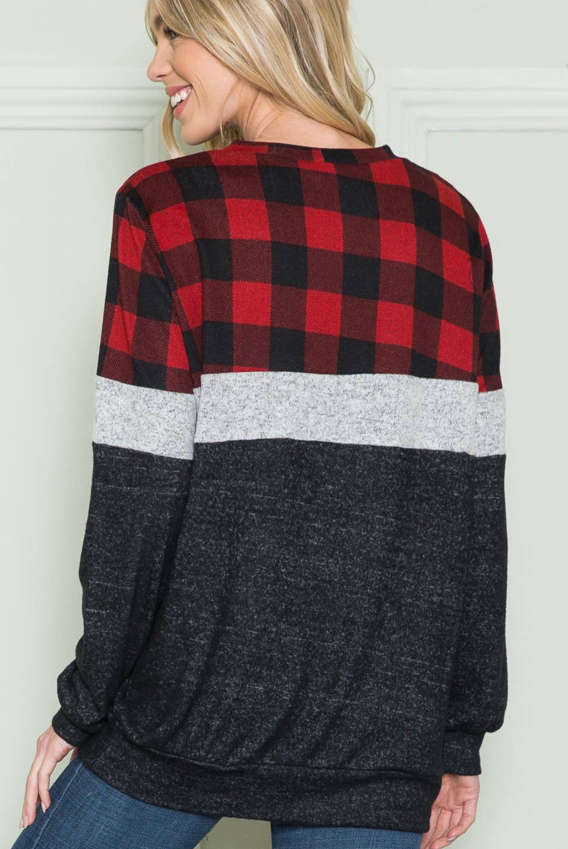 Plaid solid Contrast Pullover -Curvy