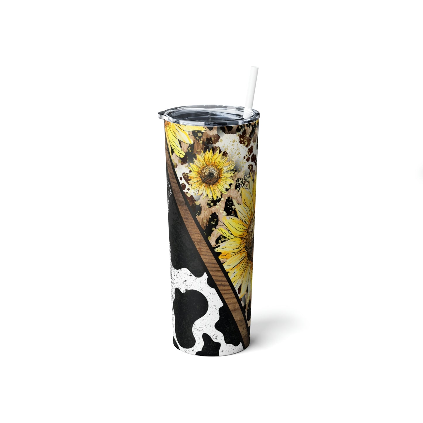 Sunflowers Cow Print Skinny Steel Tumbler with Straw, 20oz