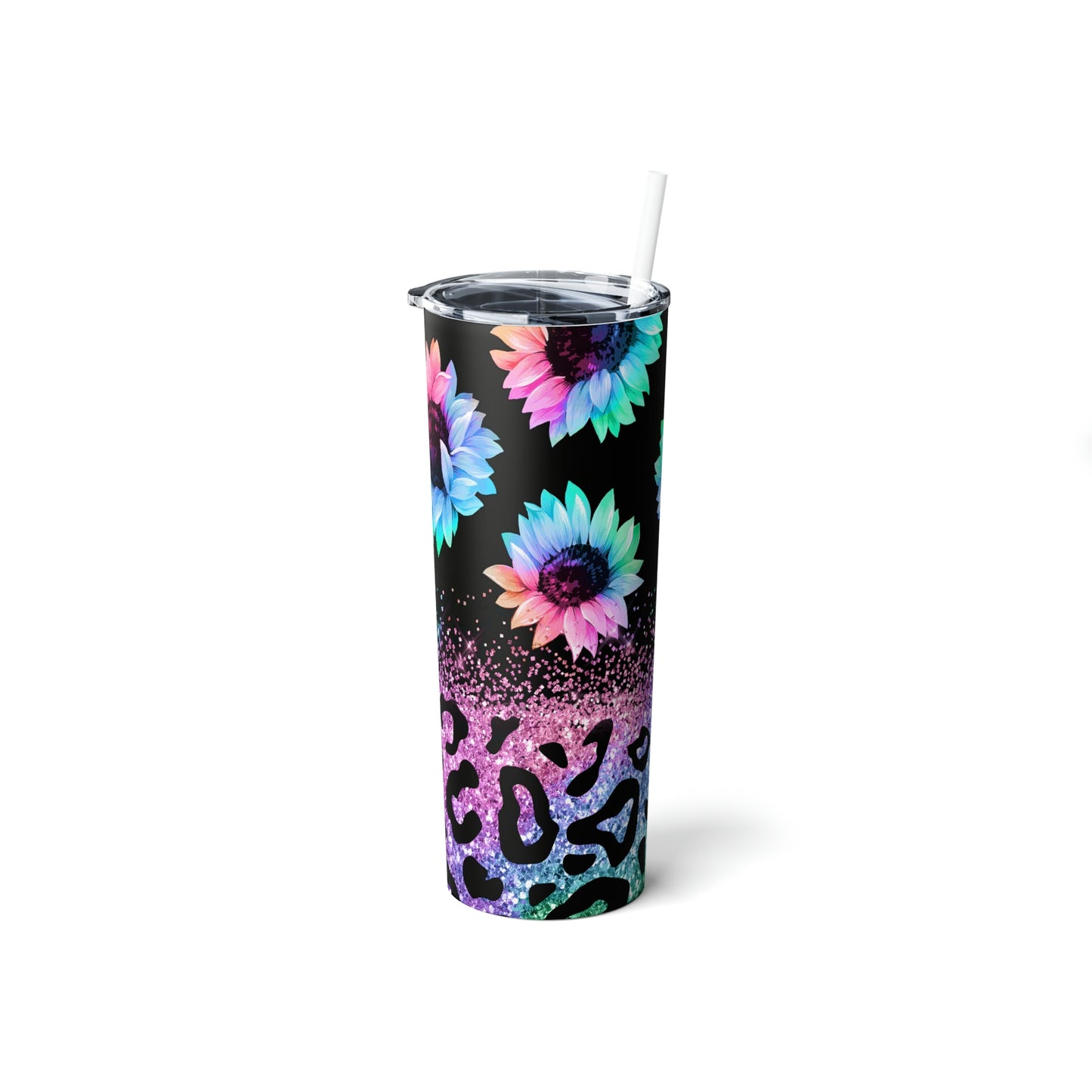 Multi Color Sunflowers & Leopard Print Skinny Steel Tumbler with Straw, 20oz