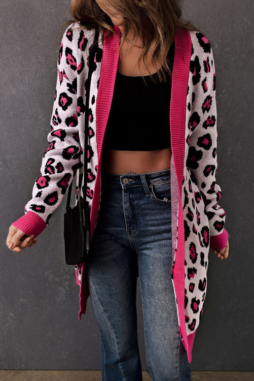 Rose Leopard Ribbed Trim Knitted Open Front Cardigan