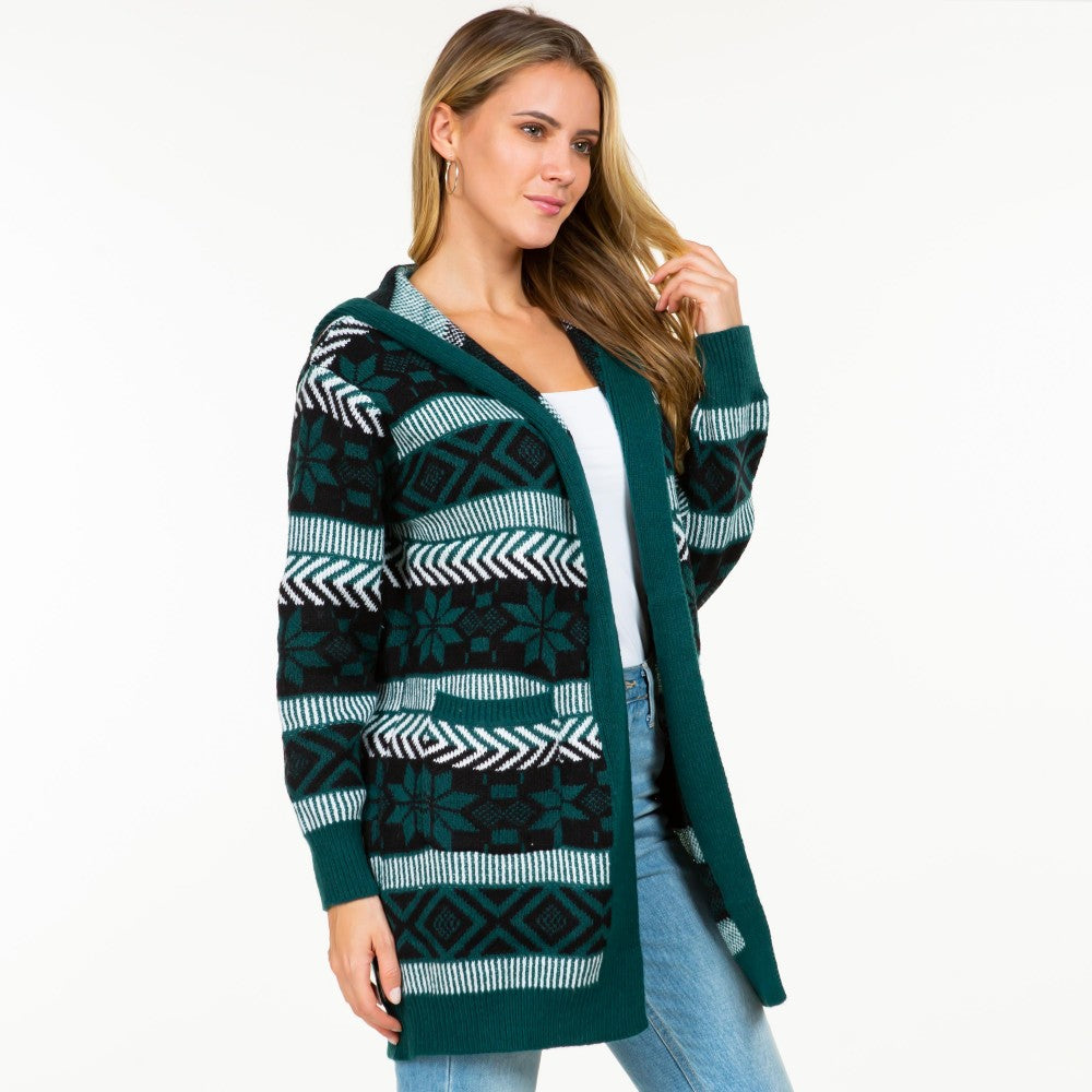 Hooded Knit Abstract and Nordic Snowflake Printed Open Hooded Cardigan