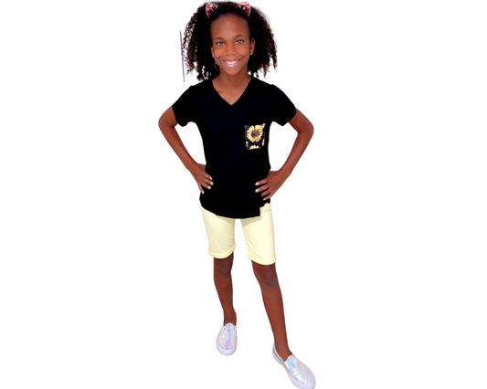 Black V Neck Sunflower Splicing Kid Tee