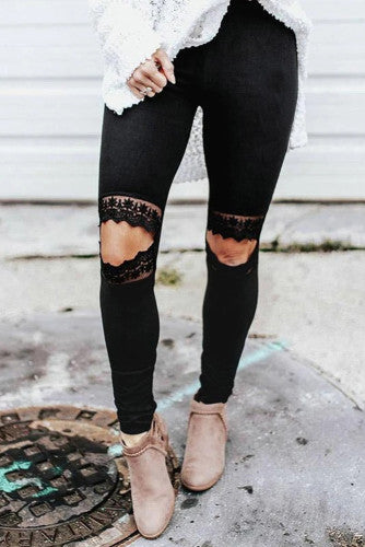 Black Hollowed Out Lace Skinny Leggings