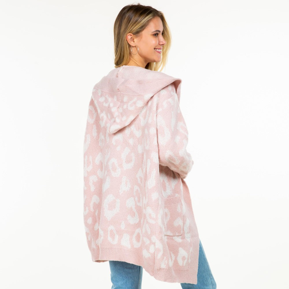 Knit Leopard Print Open Cardigan with Hood and Pockets