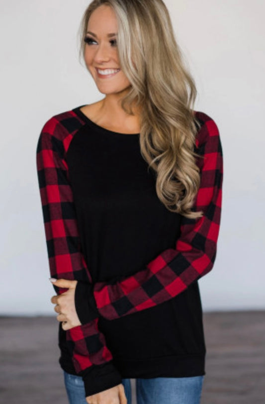 Red Buffalo Plaid Long Sleeve Black Lightweight Sweatshirt