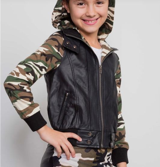 Girls Camo Printed Hooded Moto Jacket