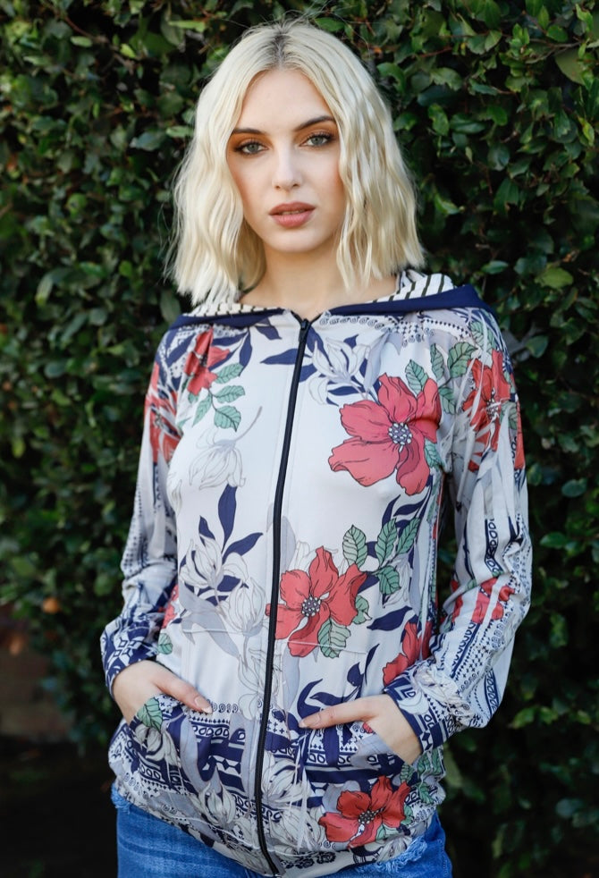 Navy Rust Flower Print Contrast Striped Hooded Zip Up Full Size Run
