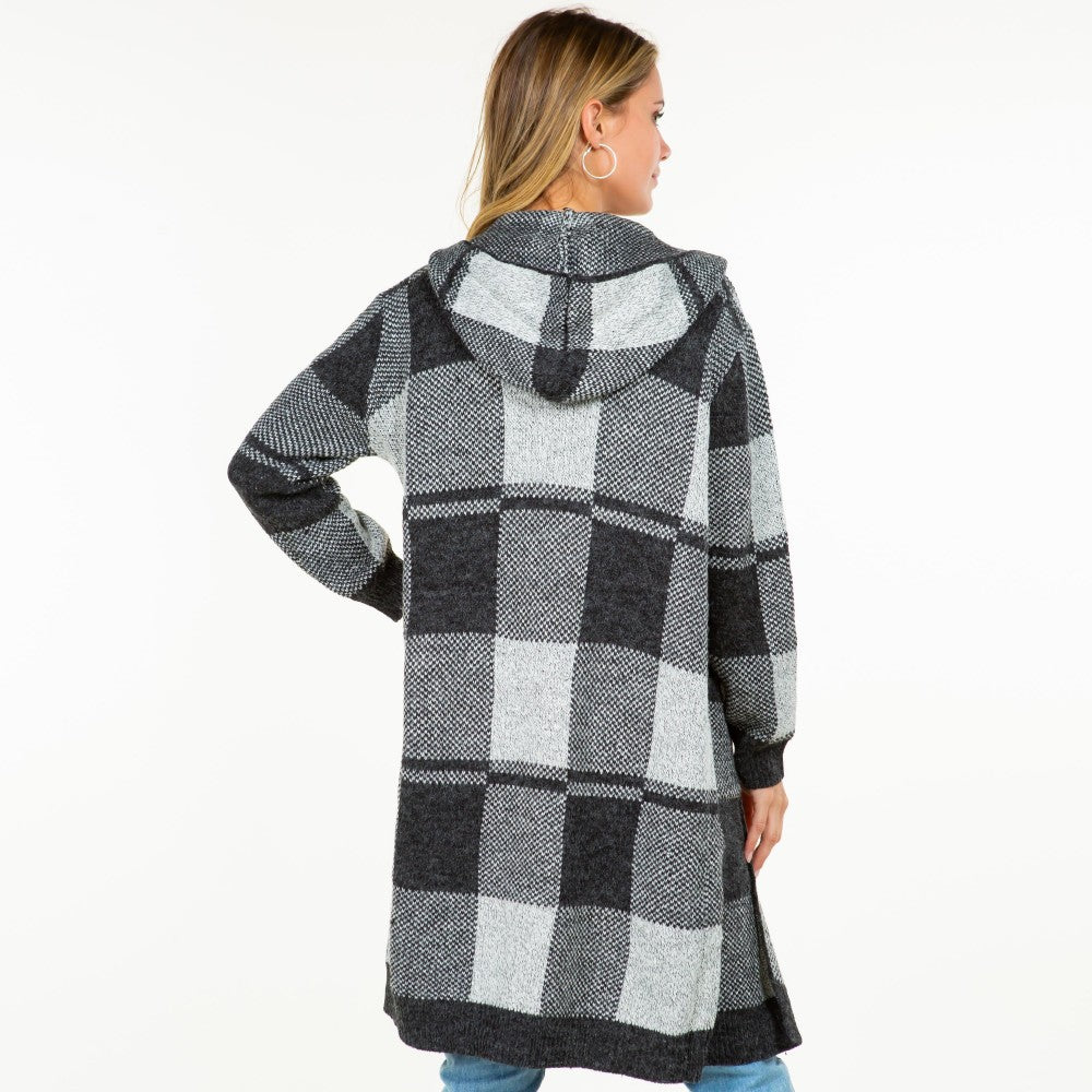 Knit Plaid Long Open Cardigan with Hood and Pockets