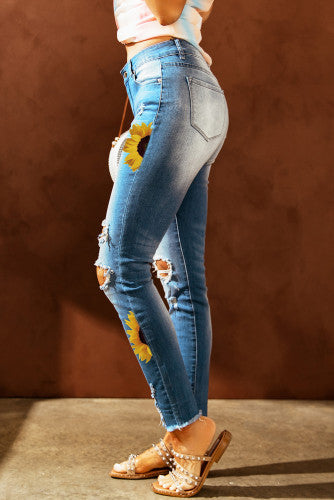 Sunflower Print Ripped Skinny Jeans
