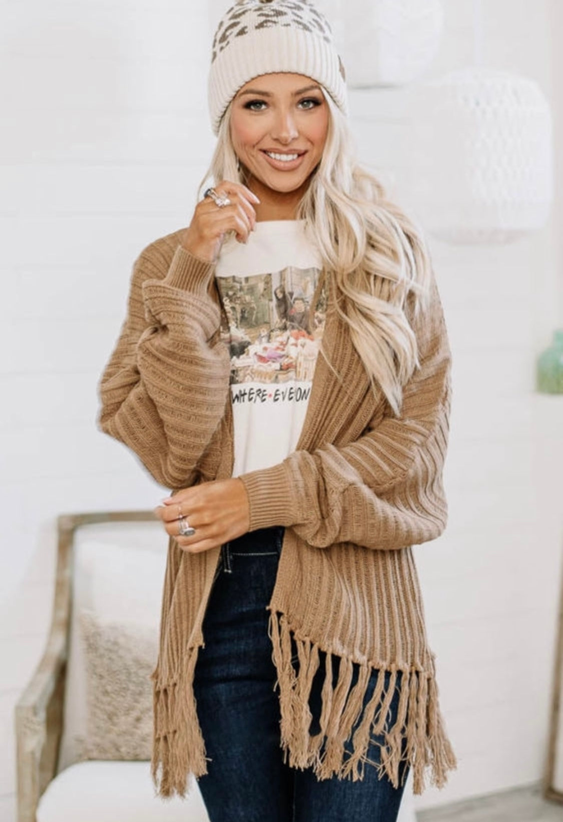 Khaki Open Front Fringed Cardigan