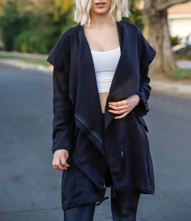 Edgy Black Asymmetrical Draped Zip Up Wide Lapel Collar Hooded Jacket