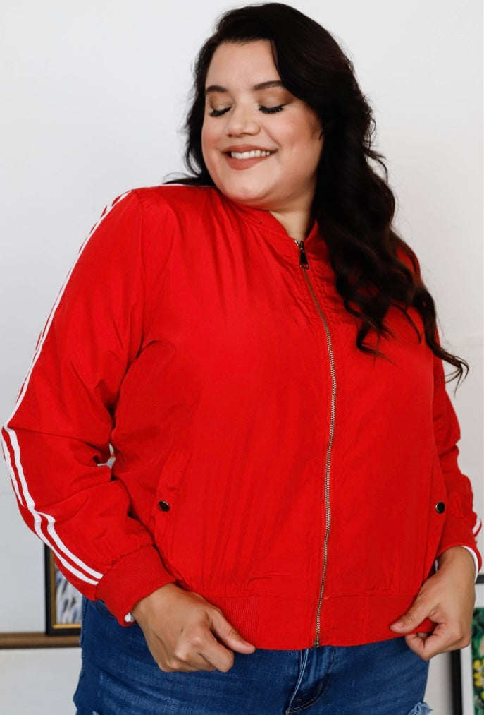 Red & White Retro Le Mans Stripe Trim Sporty Windbreaker Bomber Jacket-Curvy