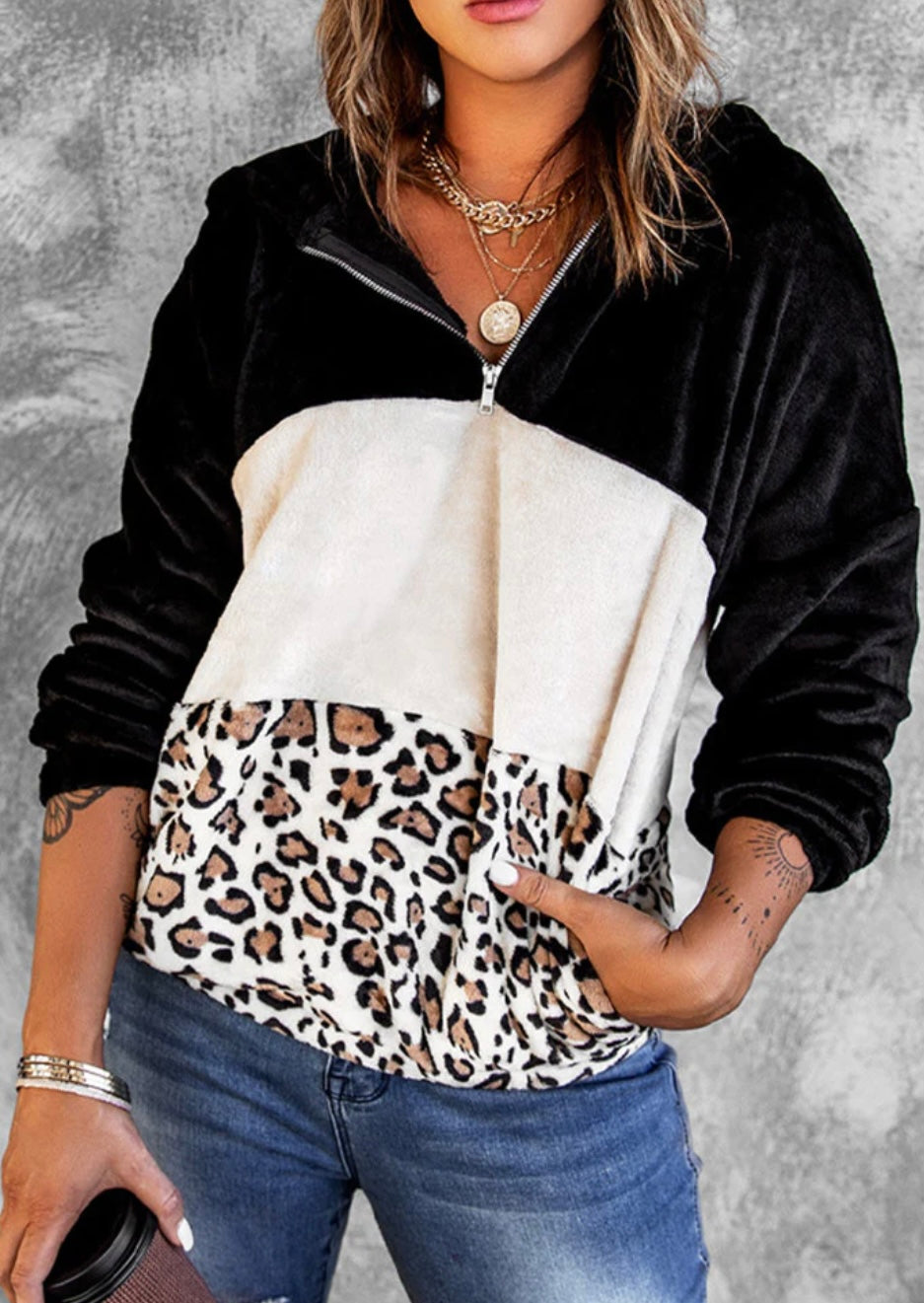 Soft Leopard Color Block Fleece Quarter-Zip Hoodie