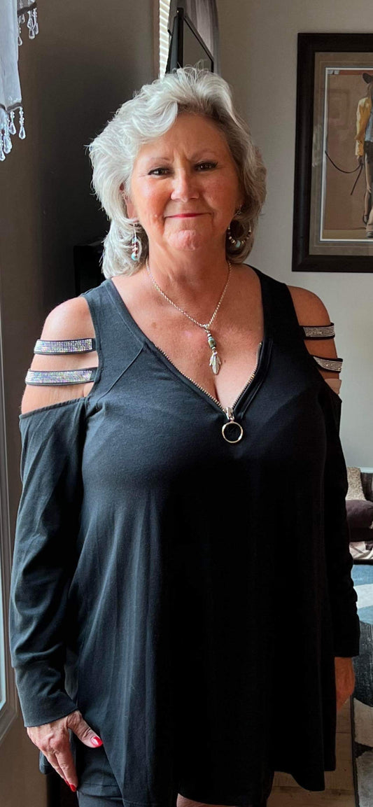 Stacey’s Sequined Cold Shoulder Top