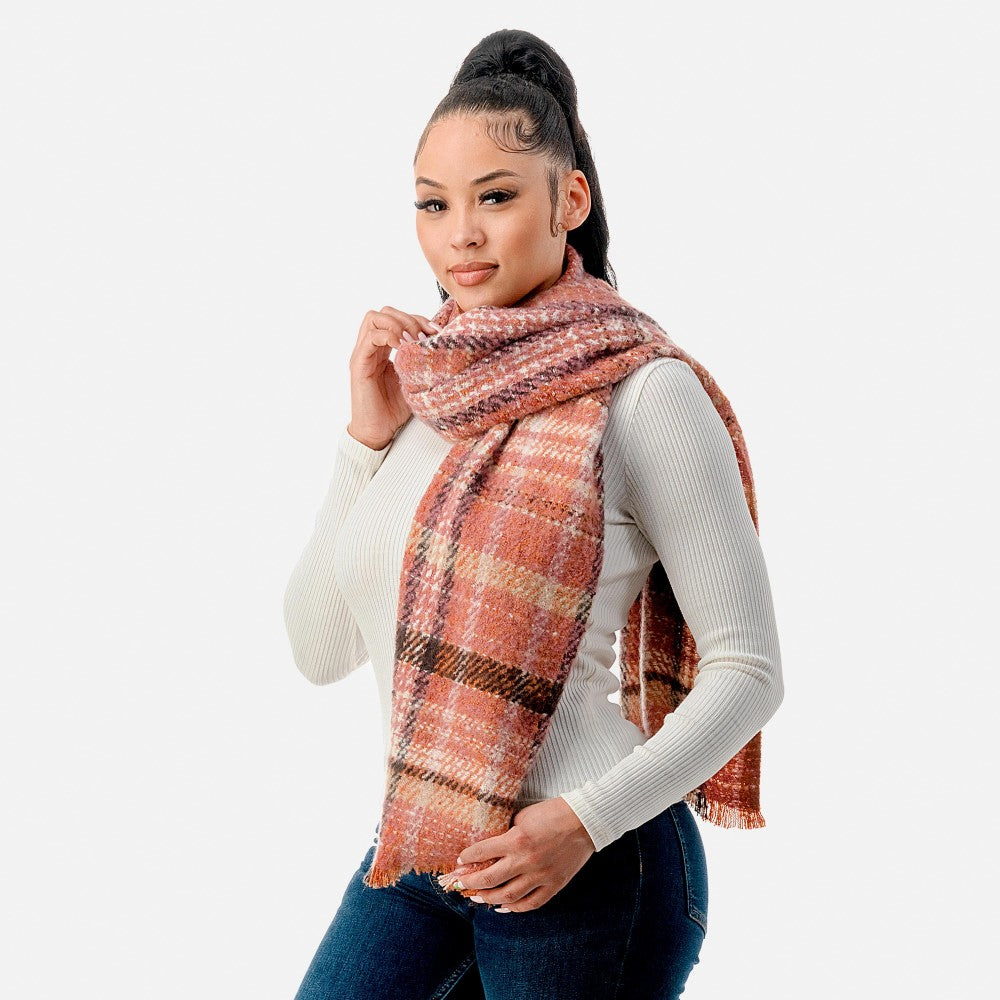 Fuzzy Plaid Scarf With Fringe Hemline-3 Colors