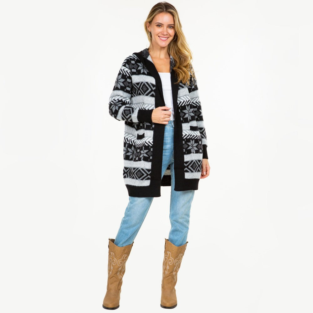 Hooded Knit Abstract and Nordic Snowflake Printed Open Hooded Cardigan