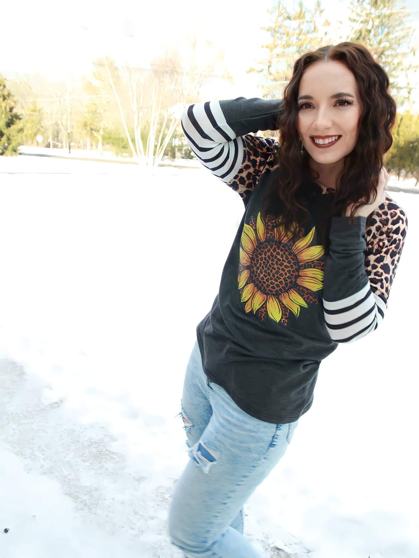 Lisa’s Leopard Striped Sleeve Sunflower Top