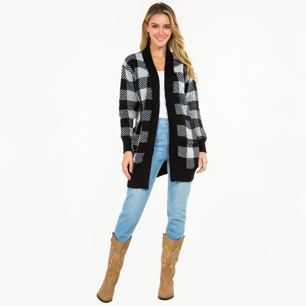 Knit Plaid Open Cardigan with Pockets