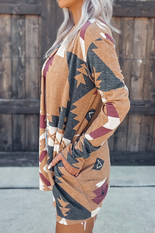 Western Aztec Print Open Front Cardigan