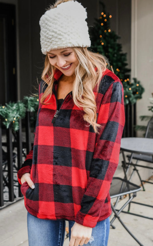 Red Plaid, B&W plaid, & Leopard Prints 1/4 Zip Turn-down Collar Sweatshirt